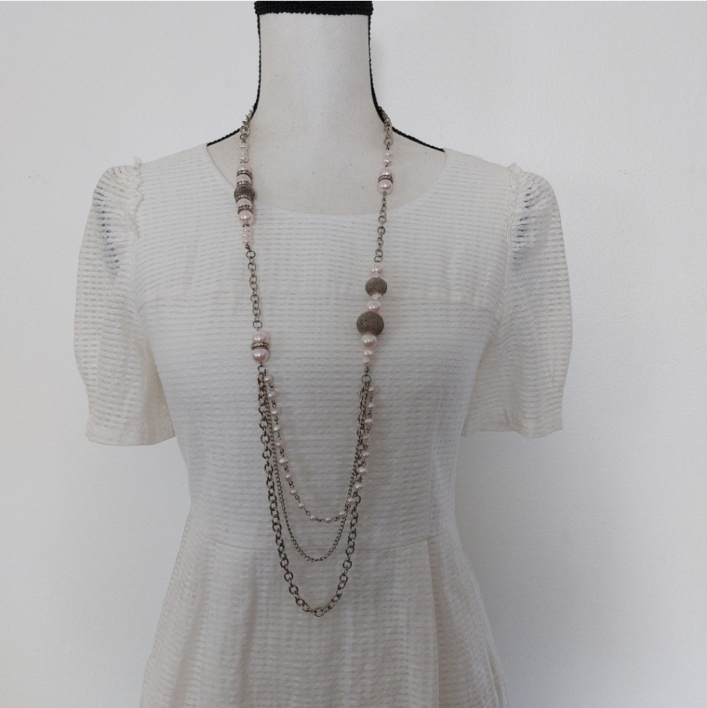 Layered Long Necklace With Rhinestones And Faux Pearls Accent